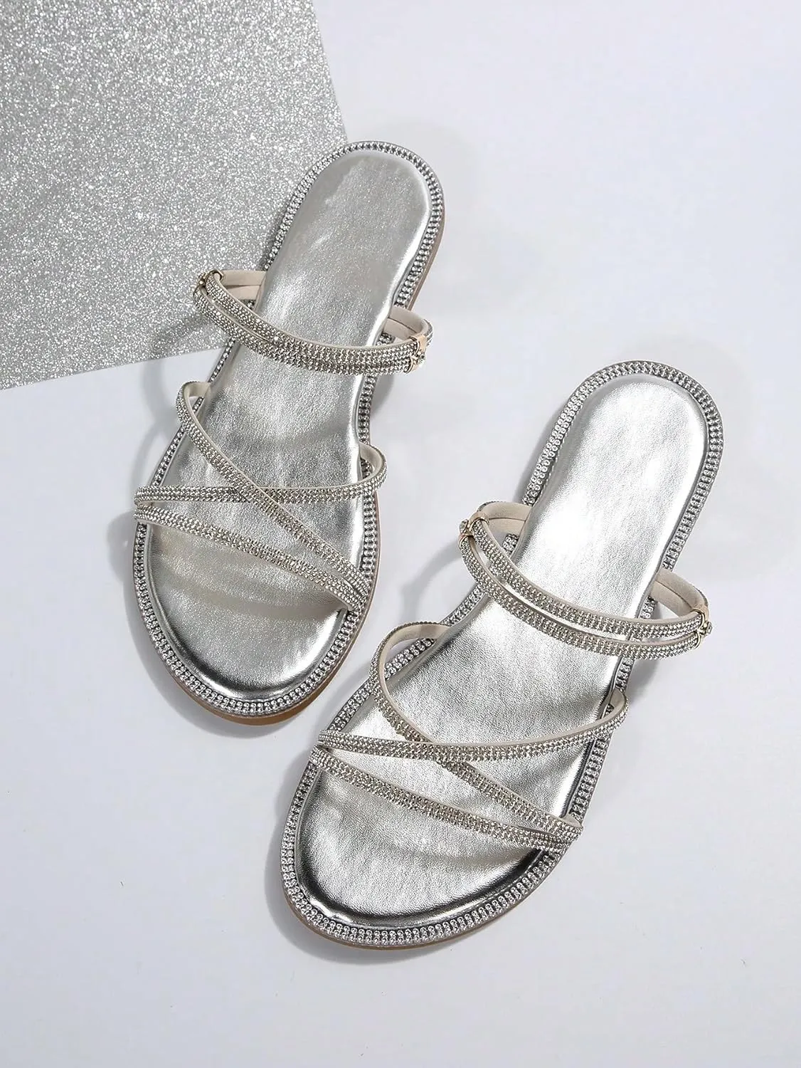 OYOANGLE Women's Rhinestone Strappy Open Toe Slide Sandals Slip on Casual Flat Sandals