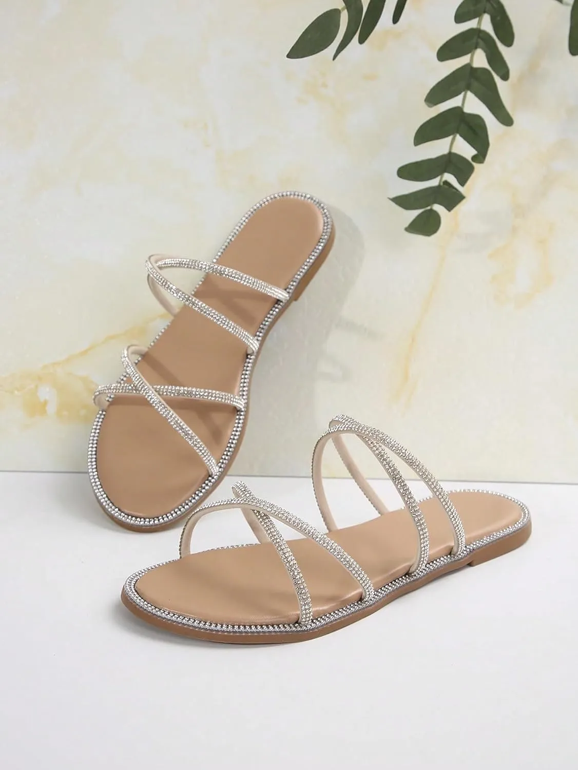 OYOANGLE Women's Rhinestone Strappy Open Toe Slide Sandals Slip on Casual Flat Sandals