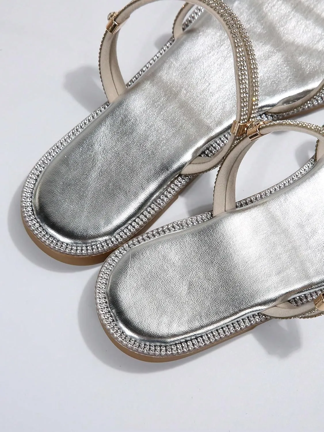 OYOANGLE Women's Rhinestone Strappy Open Toe Slide Sandals Slip on Casual Flat Sandals