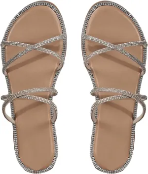 OYOANGLE Women's Rhinestone Strappy Open Toe Slide Sandals Slip on Casual Flat Sandals
