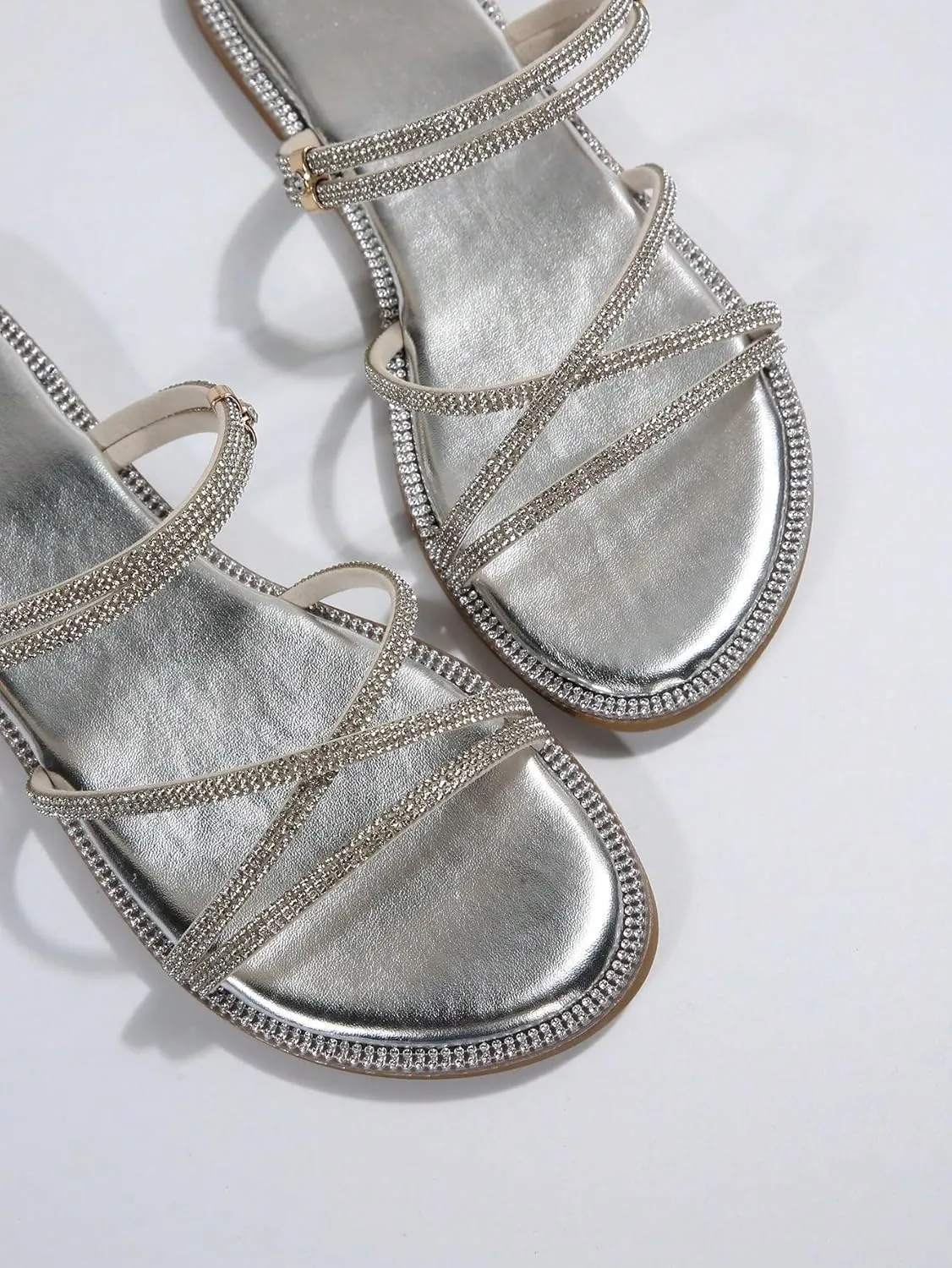 OYOANGLE Women's Rhinestone Strappy Open Toe Slide Sandals Slip on Casual Flat Sandals
