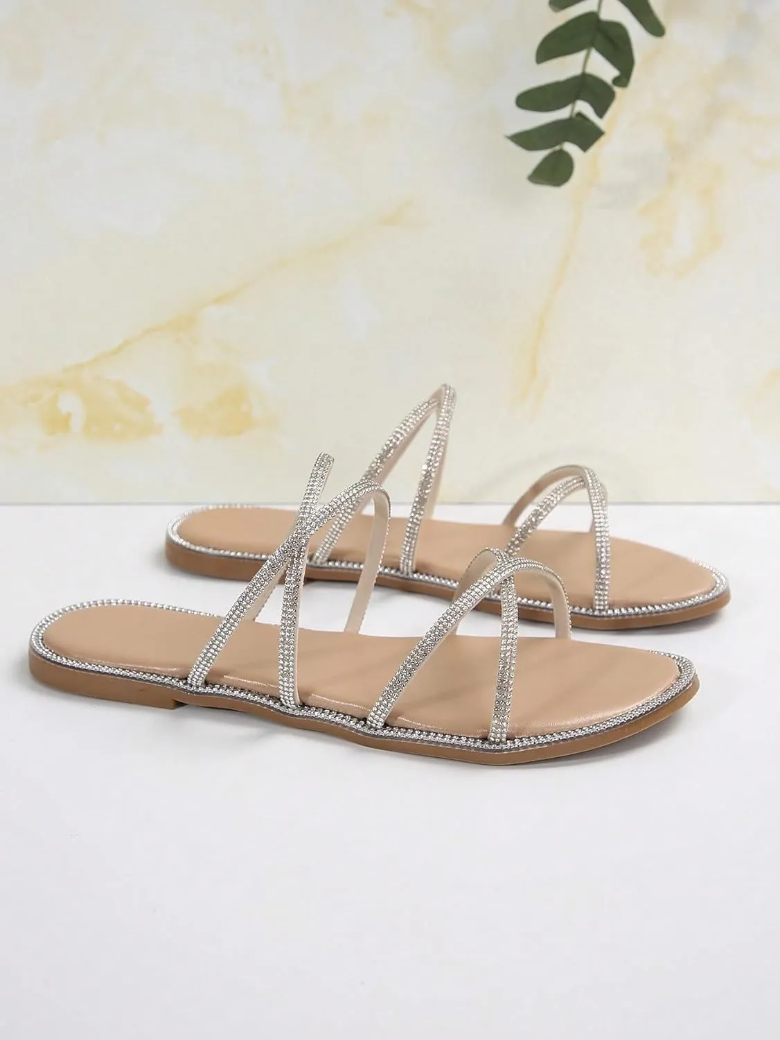 OYOANGLE Women's Rhinestone Strappy Open Toe Slide Sandals Slip on Casual Flat Sandals