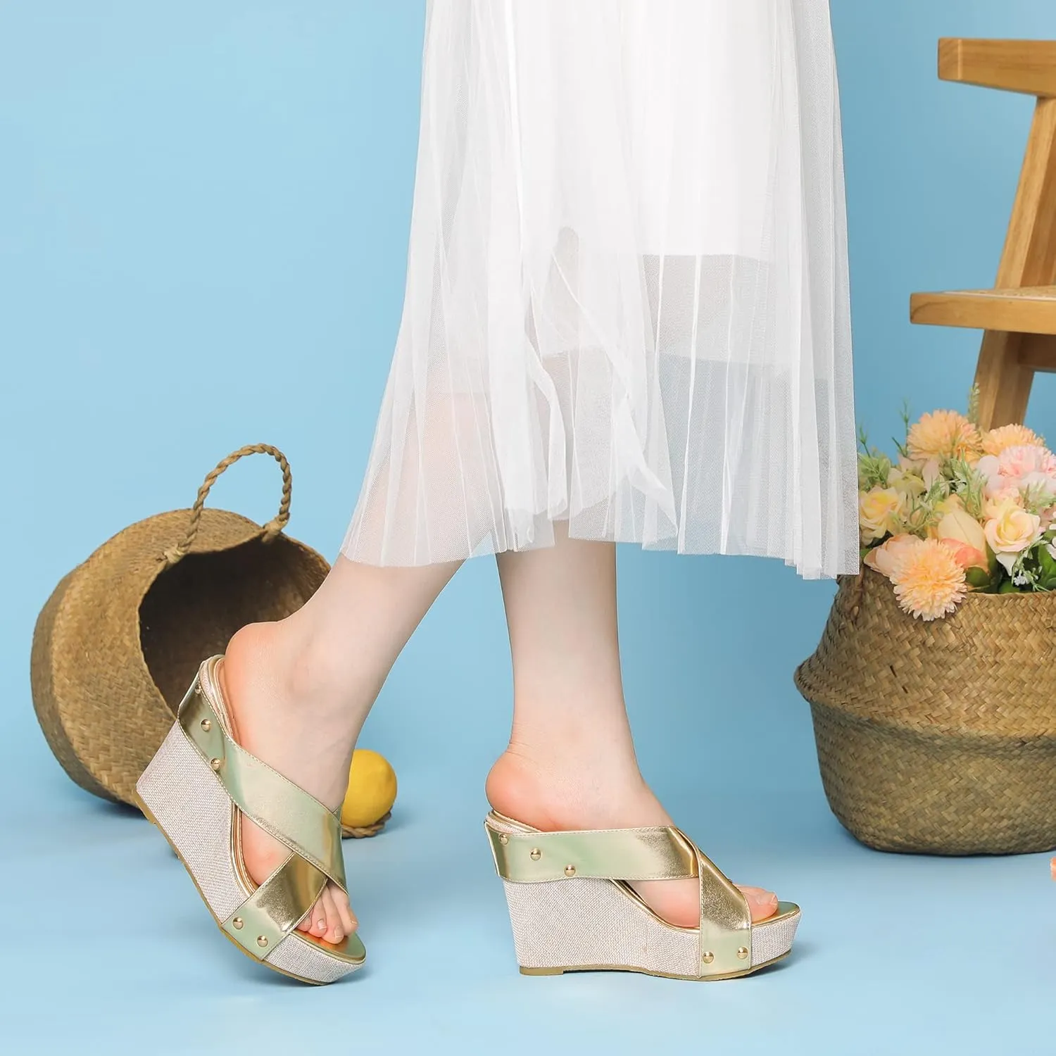 Perphy Open Toe Platform Linen Slide Wedge Sandals for Women
