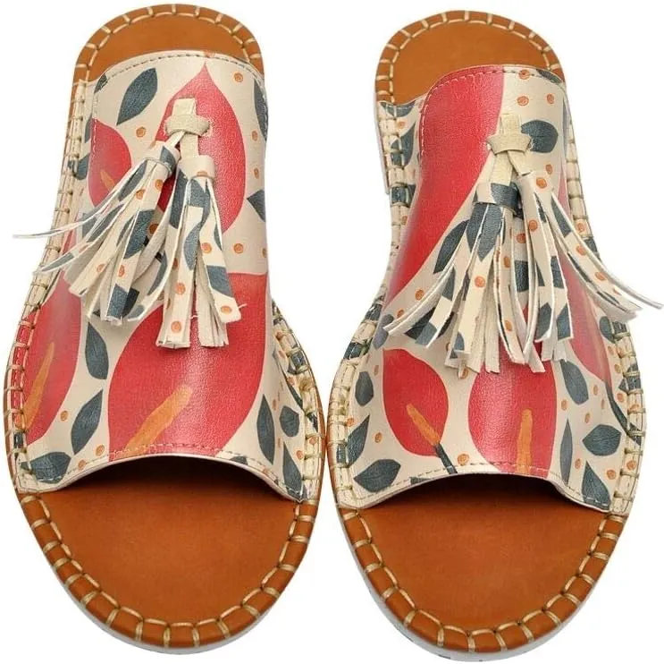 Personalize Your Life Pine - Printed Flat Slide Slippers - Tassel Detail - Everyday Fashion - Chic, Elegant, and Casual Style - Vegan, Environmentally Friendly and Handmade - Breathable Content