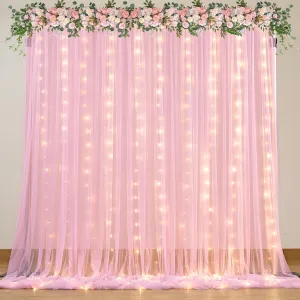Pink Sheer Curtains with Lights String Tulle Curtain for Living Room Bedroom Parites Wedding Birthday Decorations 2 Panels 5ftｘ8ft