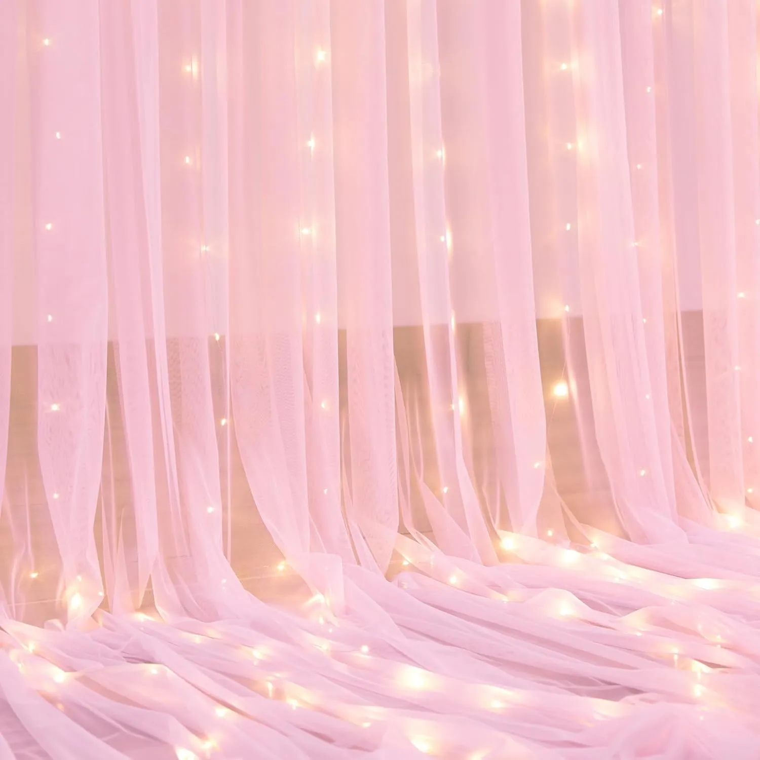 Pink Sheer Curtains with Lights String Tulle Curtain for Living Room Bedroom Parites Wedding Birthday Decorations 2 Panels 5ftｘ8ft