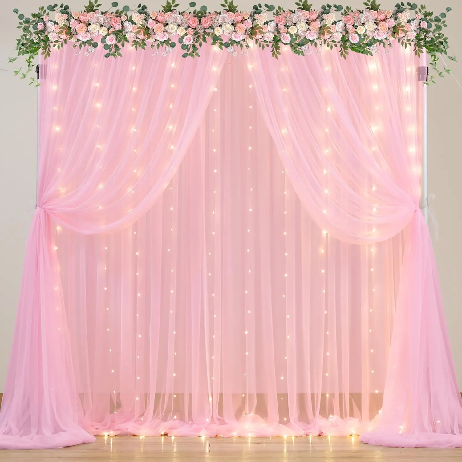 Pink Sheer Curtains with Lights String Tulle Curtain for Living Room Bedroom Parites Wedding Birthday Decorations 2 Panels 5ftｘ8ft