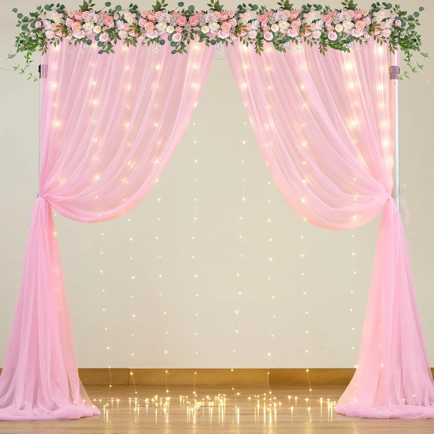 Pink Sheer Curtains with Lights String Tulle Curtain for Living Room Bedroom Parites Wedding Birthday Decorations 2 Panels 5ftｘ8ft