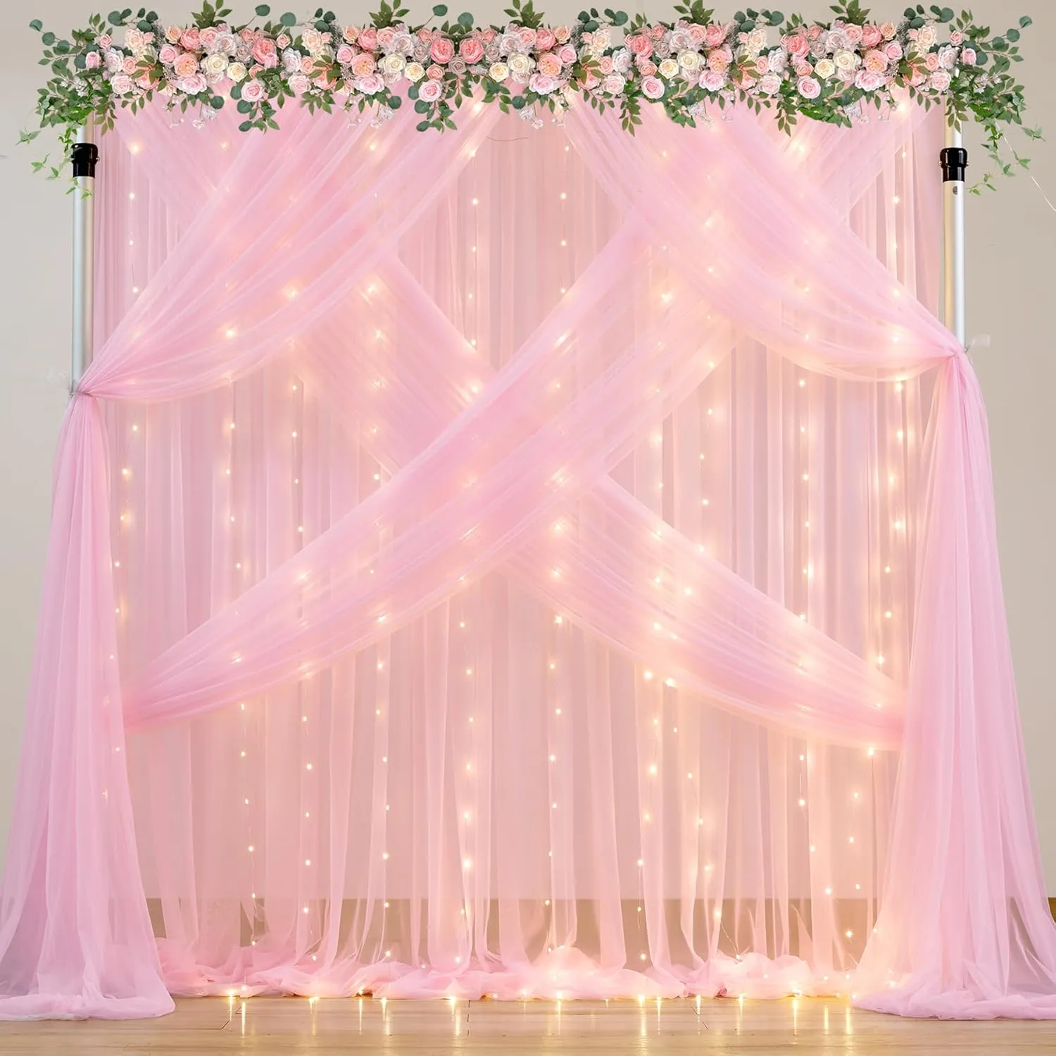 Pink Sheer Curtains with Lights String Tulle Curtain for Living Room Bedroom Parites Wedding Birthday Decorations 2 Panels 5ftｘ8ft