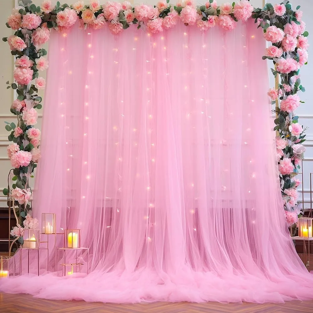 Pink Sheer Curtains with Lights String Tulle Curtain for Living Room Bedroom Parites Wedding Birthday Decorations 2 Panels 5ftｘ8ft