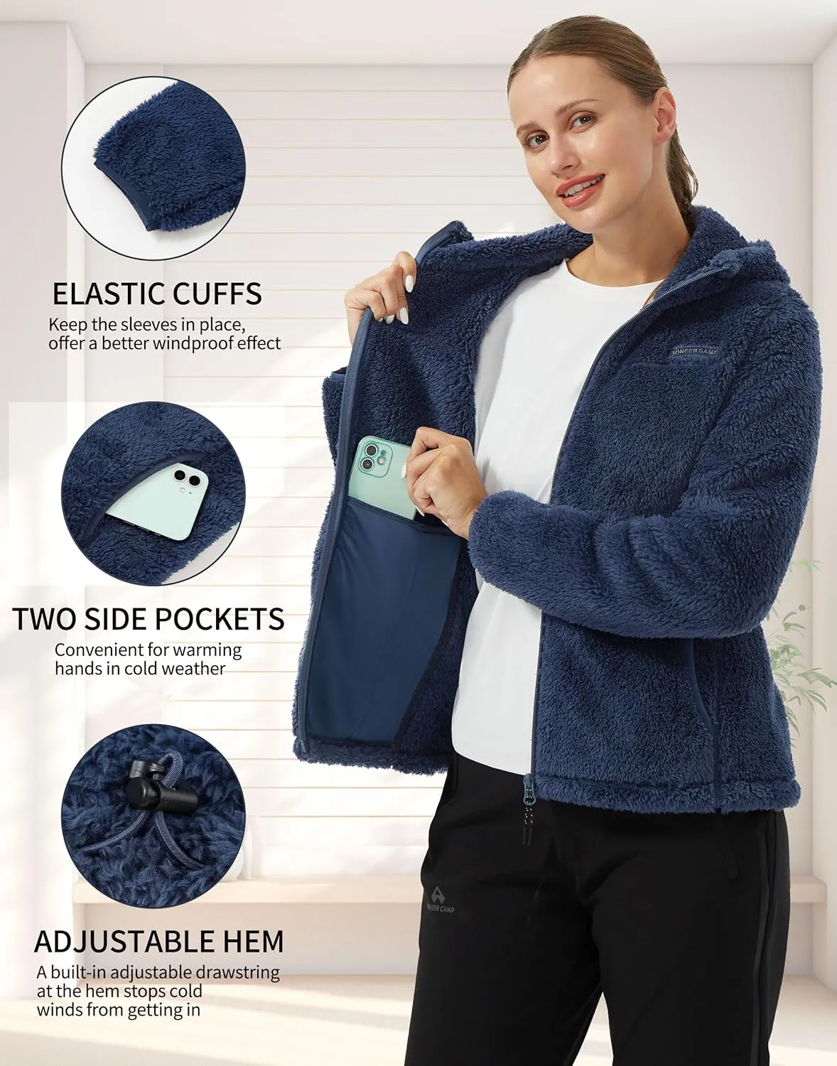 Pioneer Camp Women's Fuzzy Fleece Jacket Full Zip Up Lightweight Warm Soft Fleece Coat with hood for Spring Fall Winter