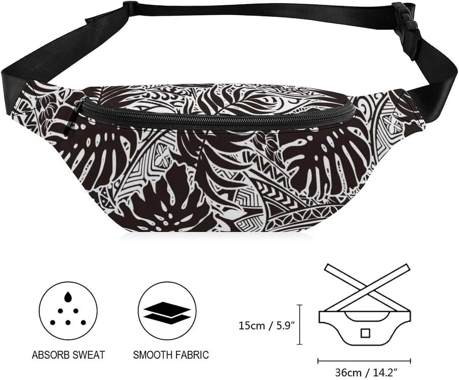 Polynesian Style with Leave Large Crossbody Fanny Packfor Women Men Waist Pack for Running with Adjustable Strap for Sports Casual Bag 36 * 15cm