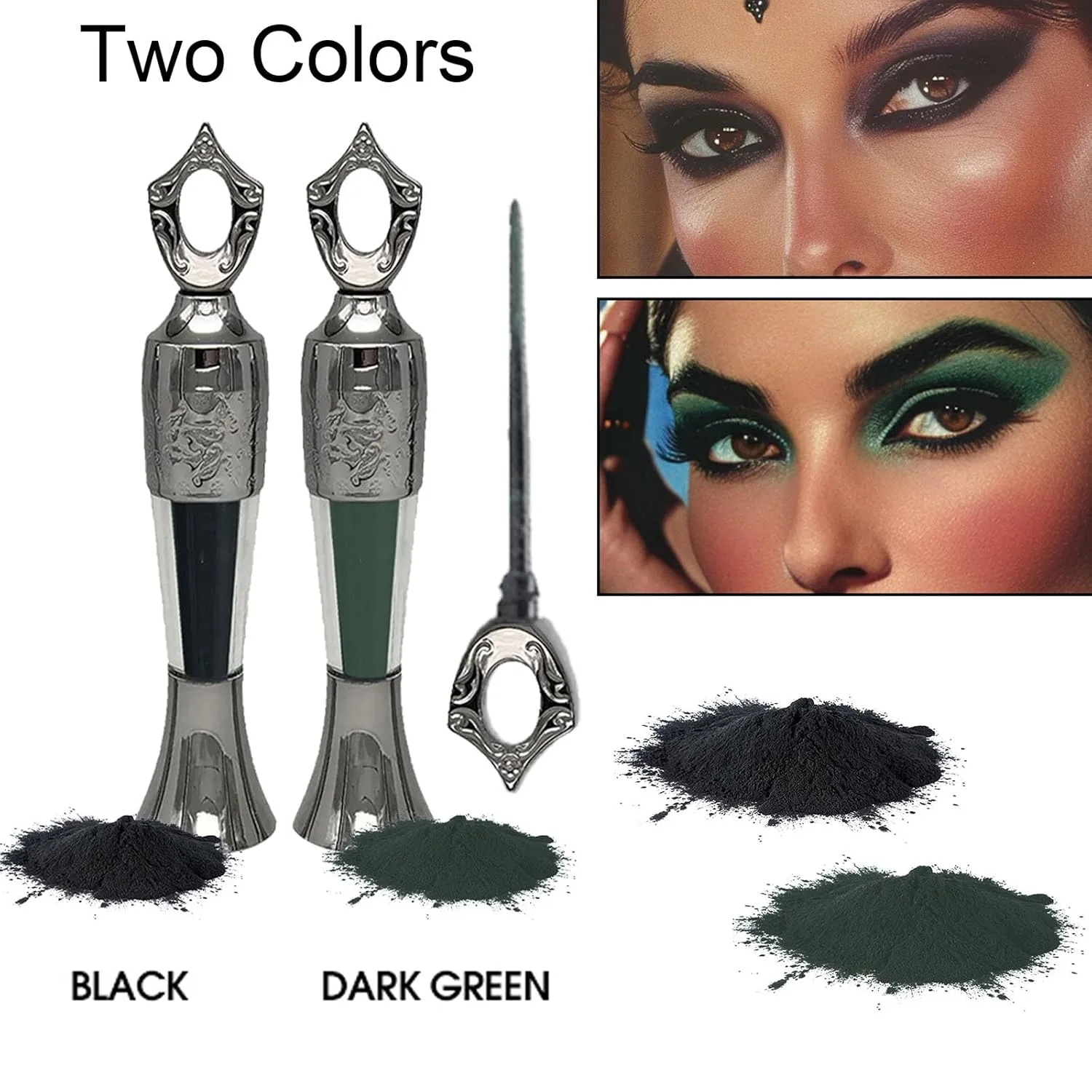 Powder Eyeliner, Eye Liner, Handmade 100% Natural Eyeliner Powder, Long-Lasting Eyeliner Arabic Eyeliner Powder for Natural Makeup, Long-Wearing, Smudge-Proof (Black Green)