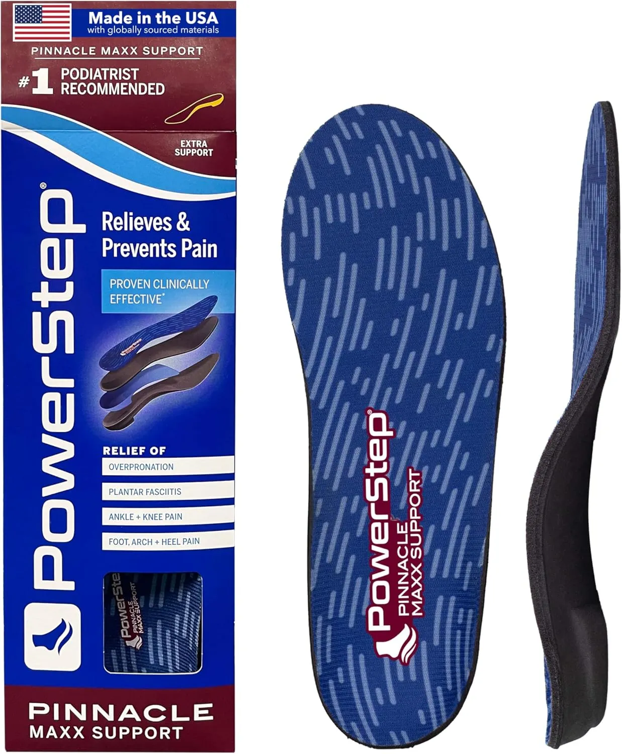 PowerStep Pinnacle Maxx Orthotic Insoles - For Maximum Stability & Comfort - Firm   Flexible Angled Heel Style to Help Flat Feet & Overpronation - Heavy Duty Inserts - Made in USA (M 9-9.5, F 11-11.5)