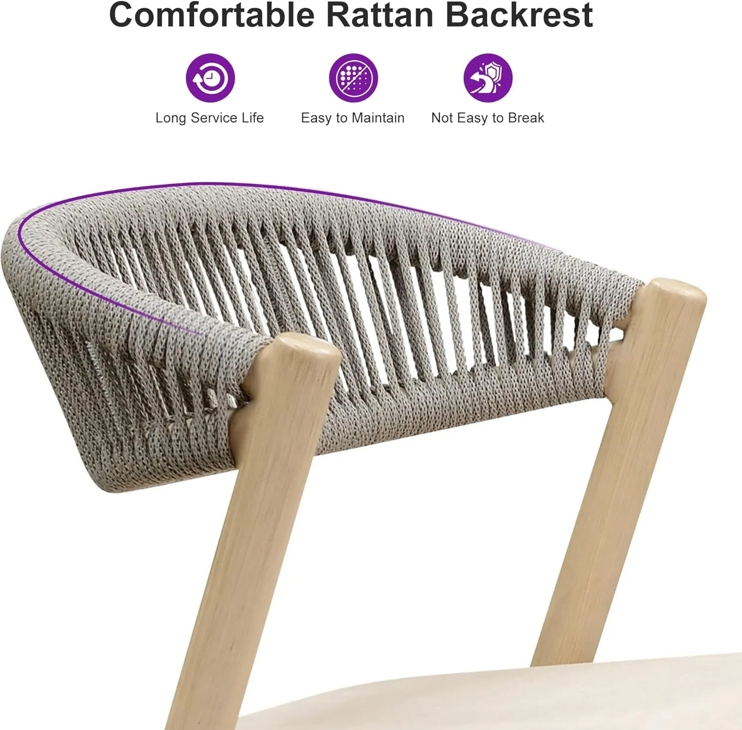 PURPLE LEAF Outdoor 2 Pieces Bar Height Stool Wicker Chairs Aluminum Barstools with Back and Cushions for Garden Indoor Kitchen Island Natural Wood Grain