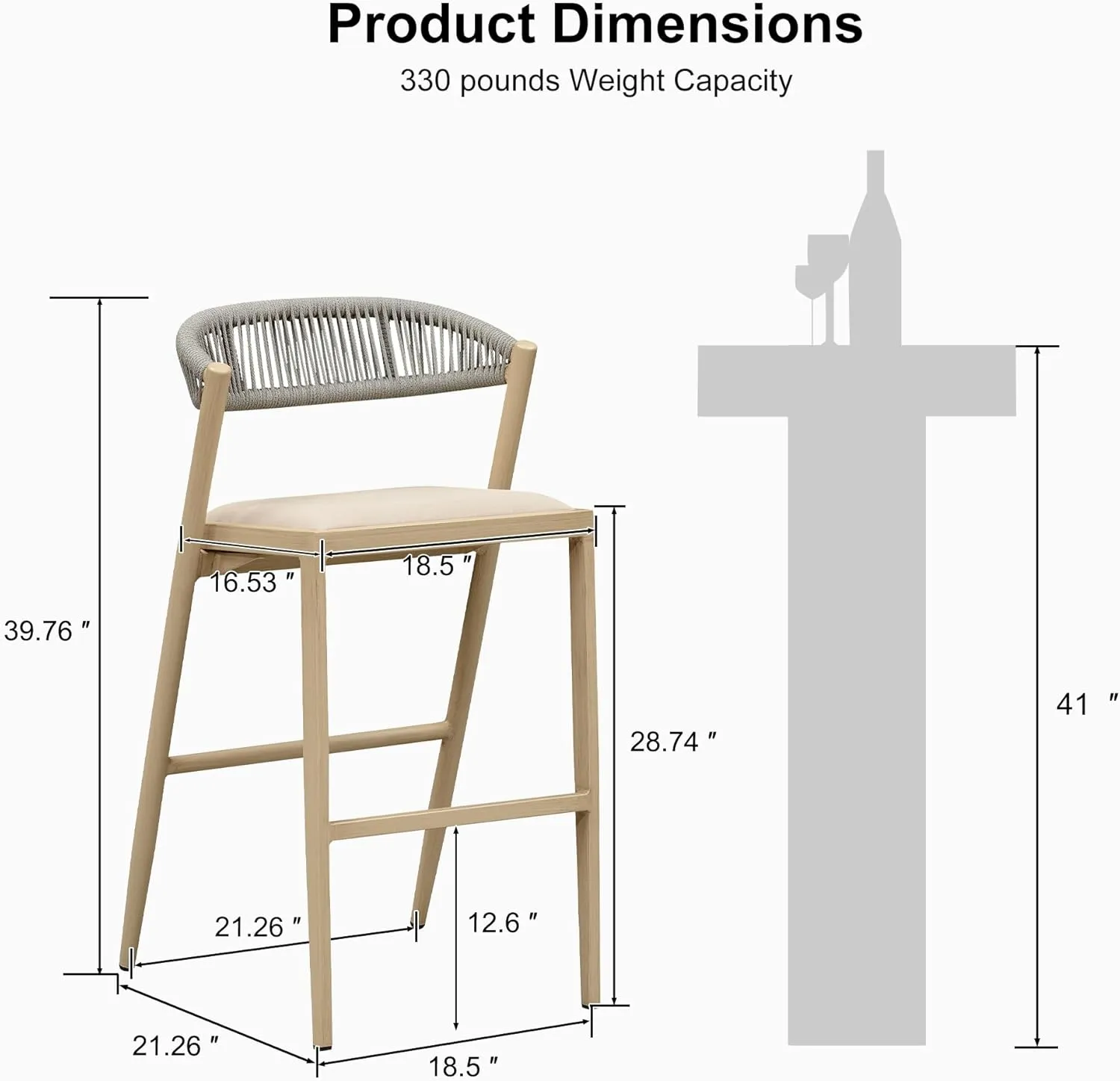 PURPLE LEAF Outdoor 2 Pieces Bar Height Stool Wicker Chairs Aluminum Barstools with Back and Cushions for Garden Indoor Kitchen Island Natural Wood Grain