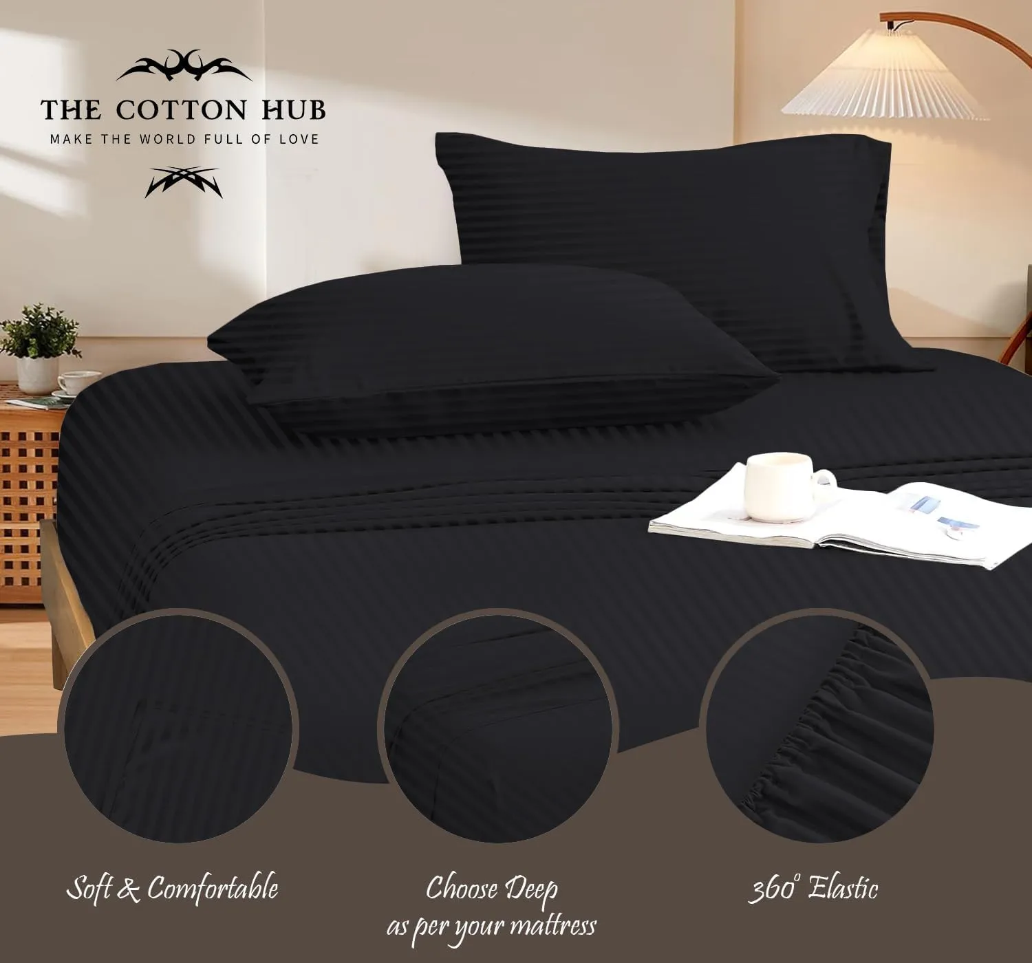 Queen Size 6-Piece Sheet Set 600 Thread Count Peruvian Pima Cotton Bed Sheets fits up to 18-21 inch Deep Pocket (Stripe, Black)