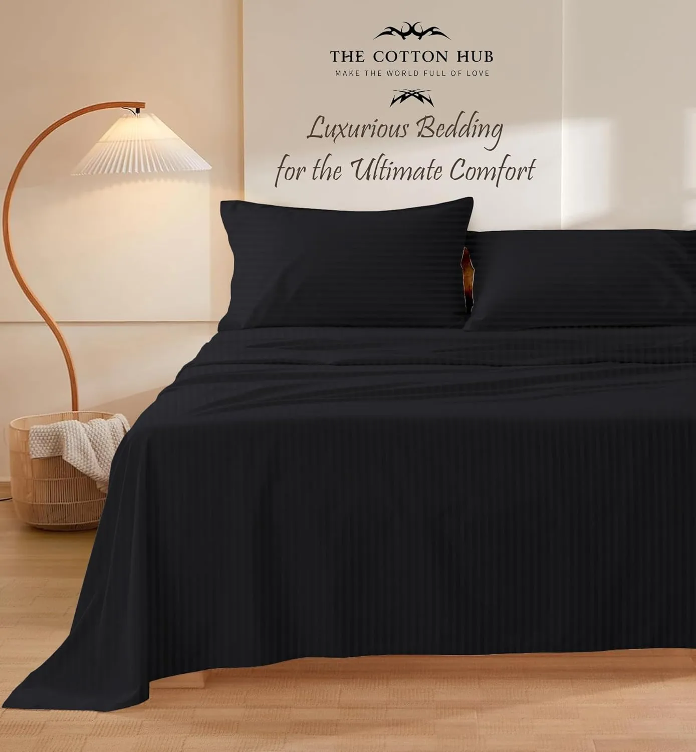 Queen Size 6-Piece Sheet Set 600 Thread Count Peruvian Pima Cotton Bed Sheets fits up to 18-21 inch Deep Pocket (Stripe, Black)