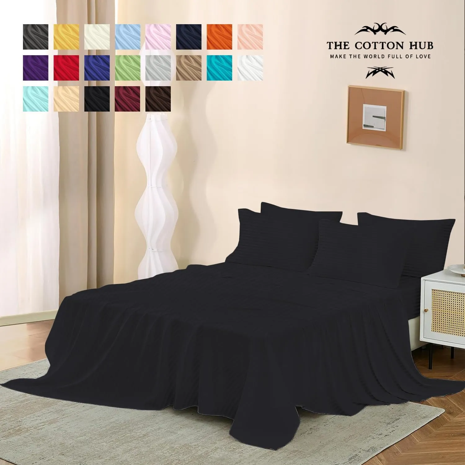 Queen Size 6-Piece Sheet Set 600 Thread Count Peruvian Pima Cotton Bed Sheets fits up to 18-21 inch Deep Pocket (Stripe, Black)