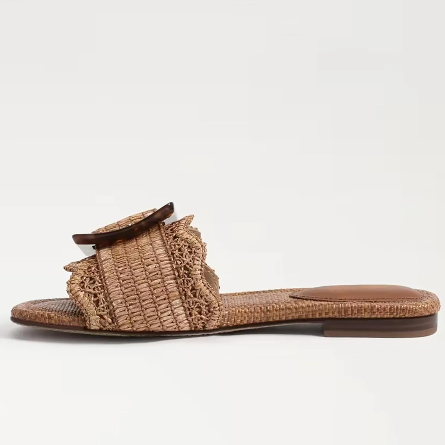 Raffia Flat Sandals for Women Woven Rattan Buckle Slide Sandals Summer Slip On Beach Sandals