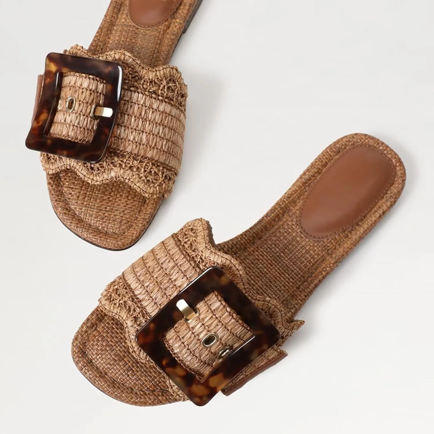 Raffia Flat Sandals for Women Woven Rattan Buckle Slide Sandals Summer Slip On Beach Sandals