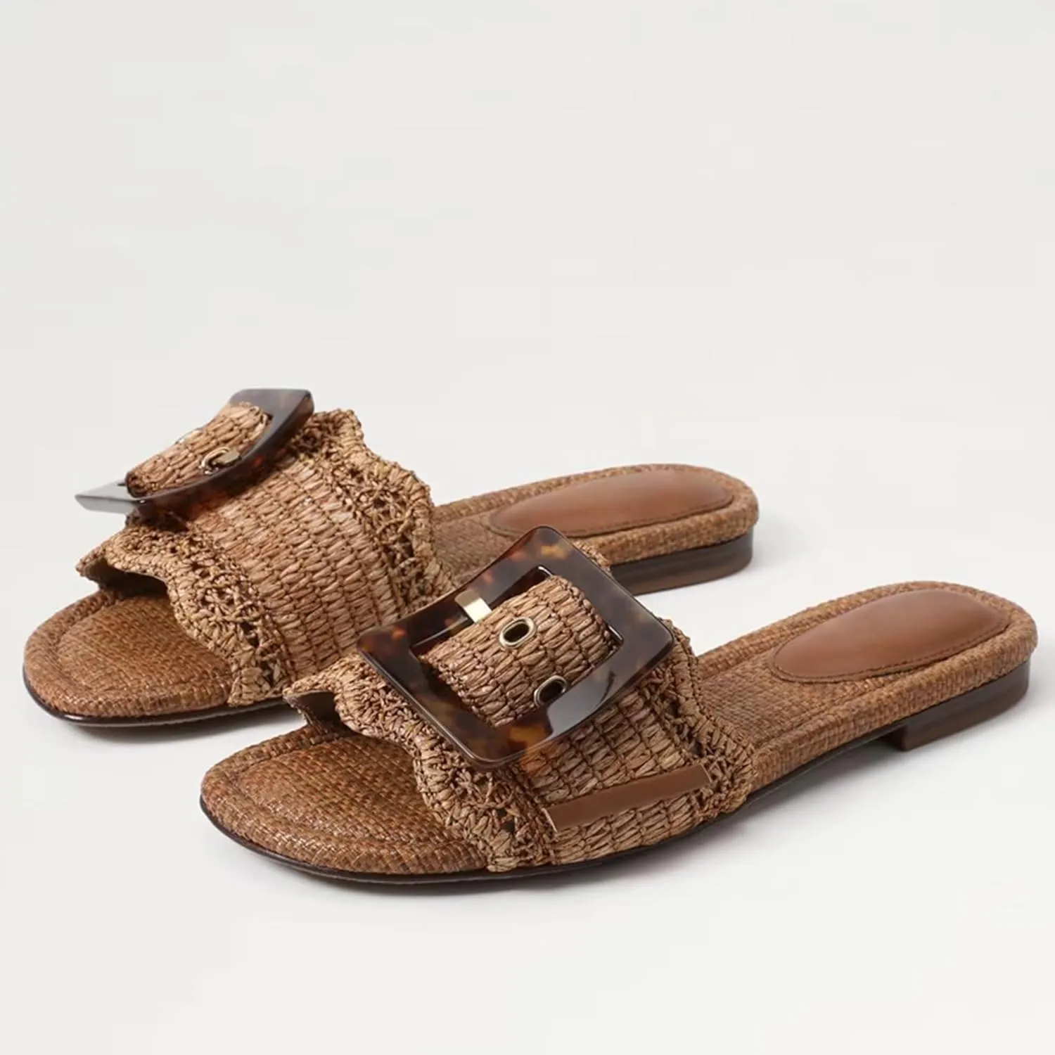Raffia Flat Sandals for Women Woven Rattan Buckle Slide Sandals Summer Slip On Beach Sandals