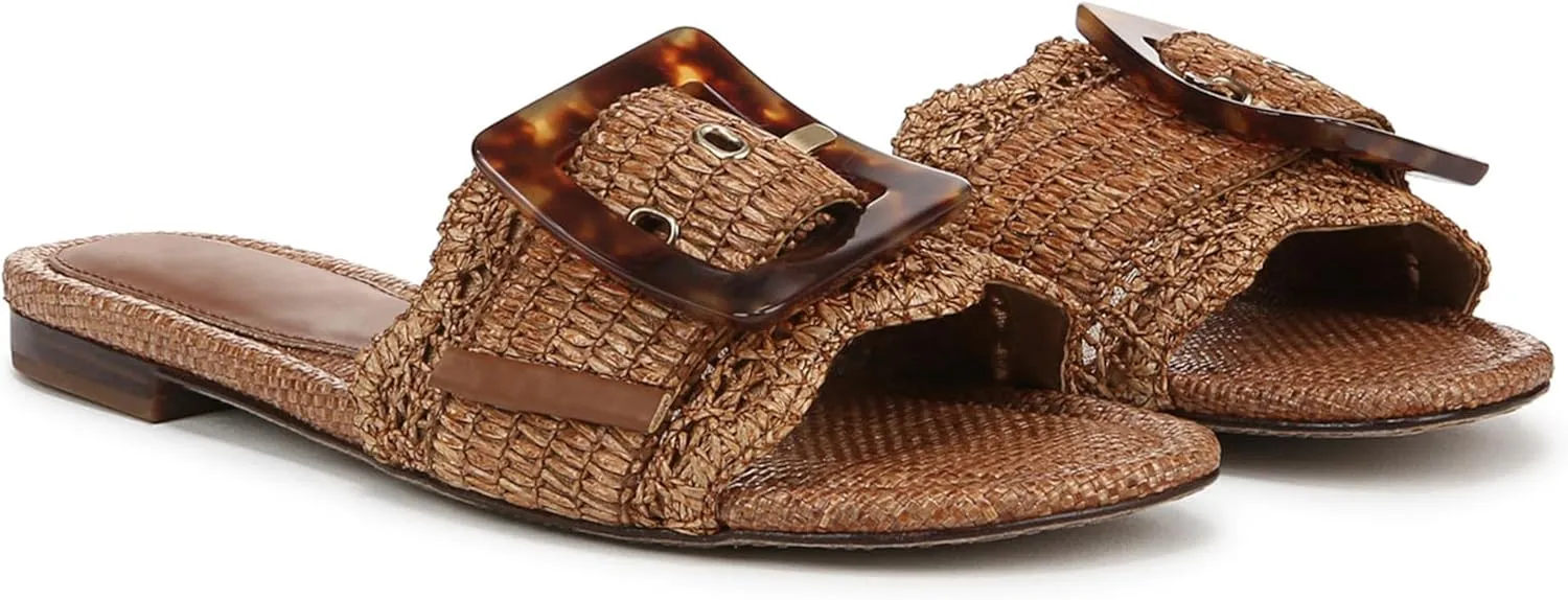 Raffia Flat Sandals for Women Woven Rattan Buckle Slide Sandals Summer Slip On Beach Sandals