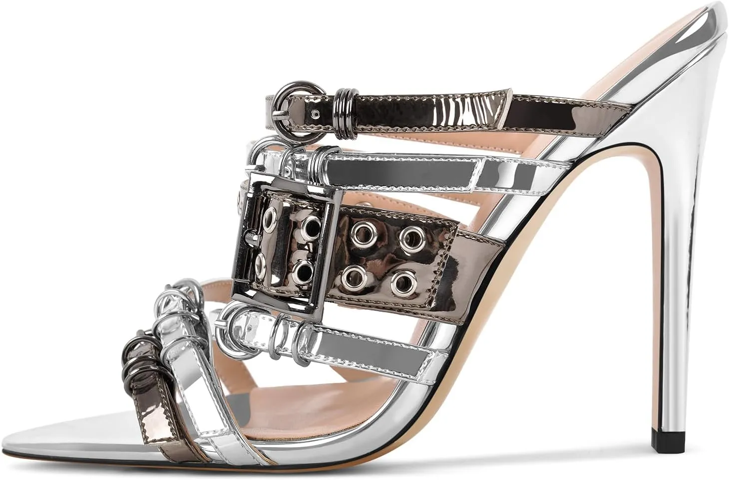 richealnini Slip On Slide Sandals with Silver Rings Straps Wrap Strappy Heels Mules Open Pointed Toe Stiletto High Heels