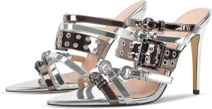 richealnini Slip On Slide Sandals with Silver Rings Straps Wrap Strappy Heels Mules Open Pointed Toe Stiletto High Heels