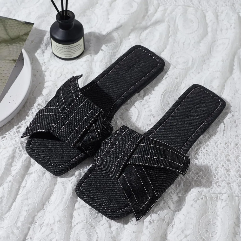 Roxoni Women's Fashion Casual Daily Wear Slide Shoes, Open Toe Slip On Slide Sandals, Denim Flat Slides