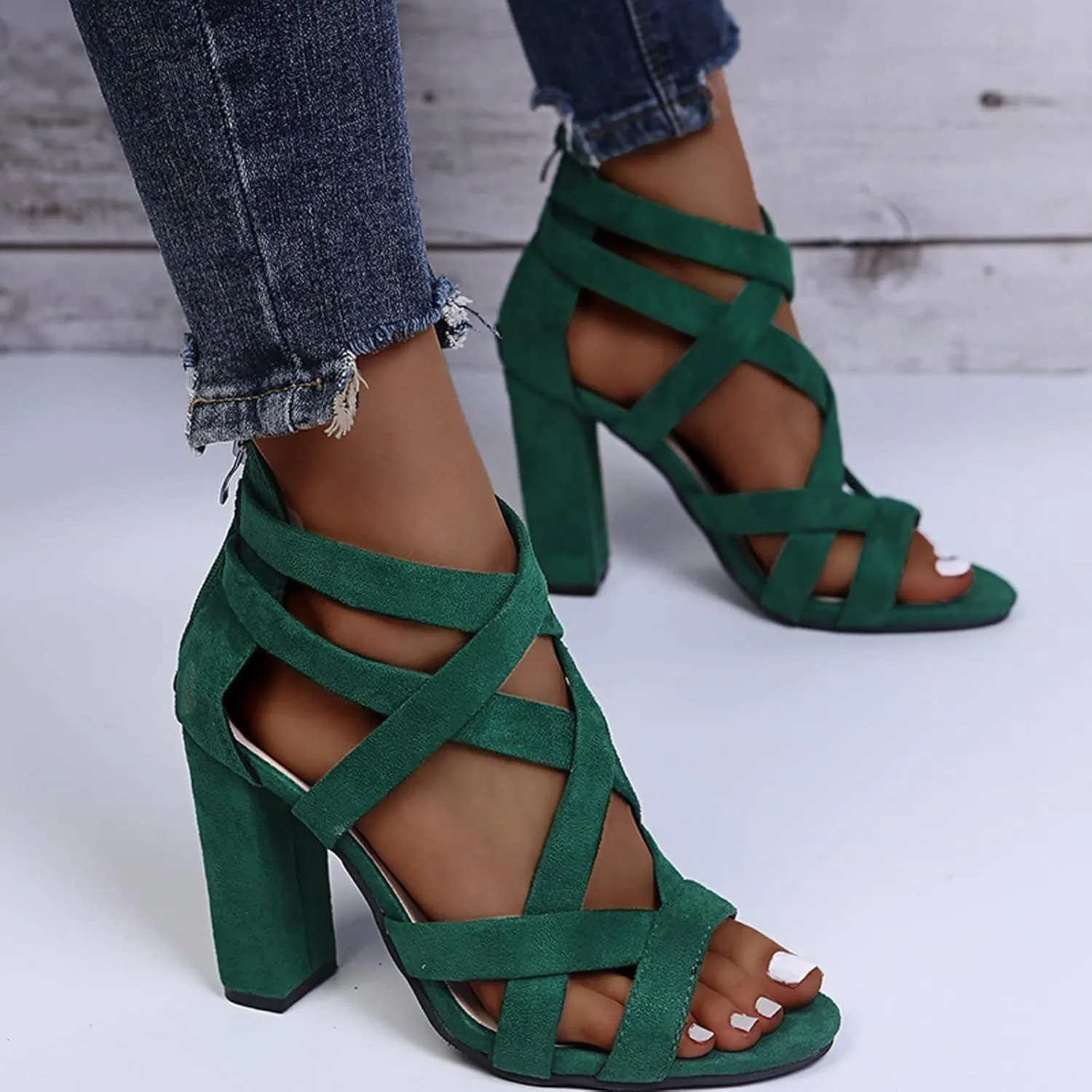Sandals Toe Fashion Women Zipper Heels Open Breathable Casual Women's high heels Front Toe Insert