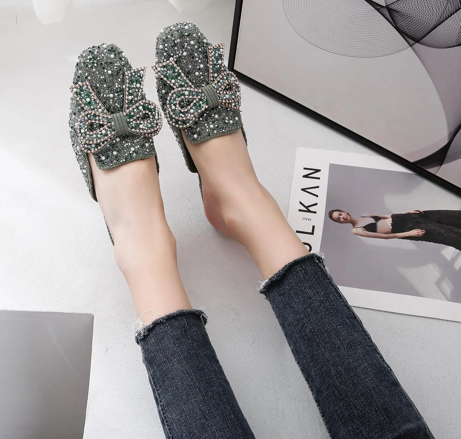 SANIOOOI Women's Pearl Rhinestone Bow Mules,Glitter Square Toe Slip on Flat Ladies Sparkly Baotou Clogs Slippers