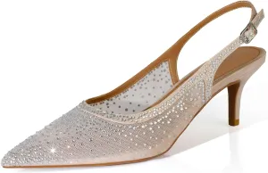 sarawill Women's Pointed Toe Mesh Kitten Heel Pumps Rhinestones Slip On Low Heel Party Office Dress Shoes for Women