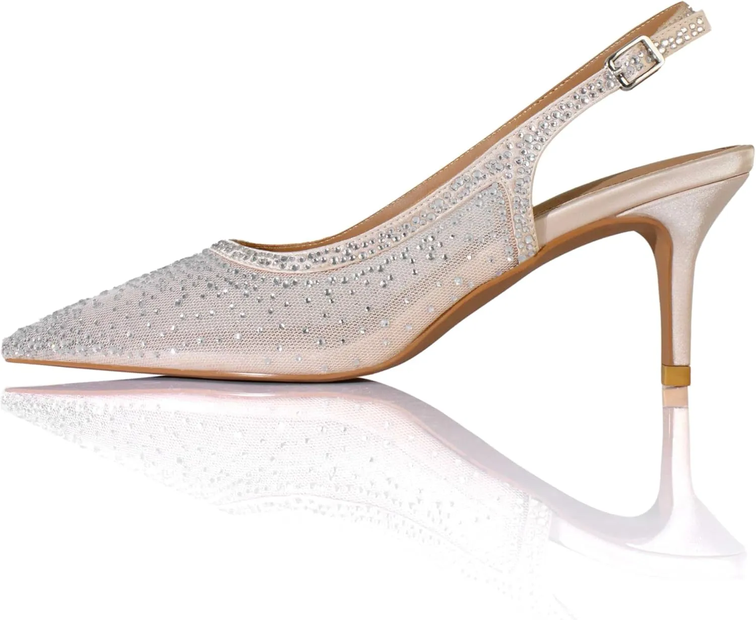 sarawill Women's Pointed Toe Mesh Kitten Heel Pumps Rhinestones Slip On Low Heel Party Office Dress Shoes for Women