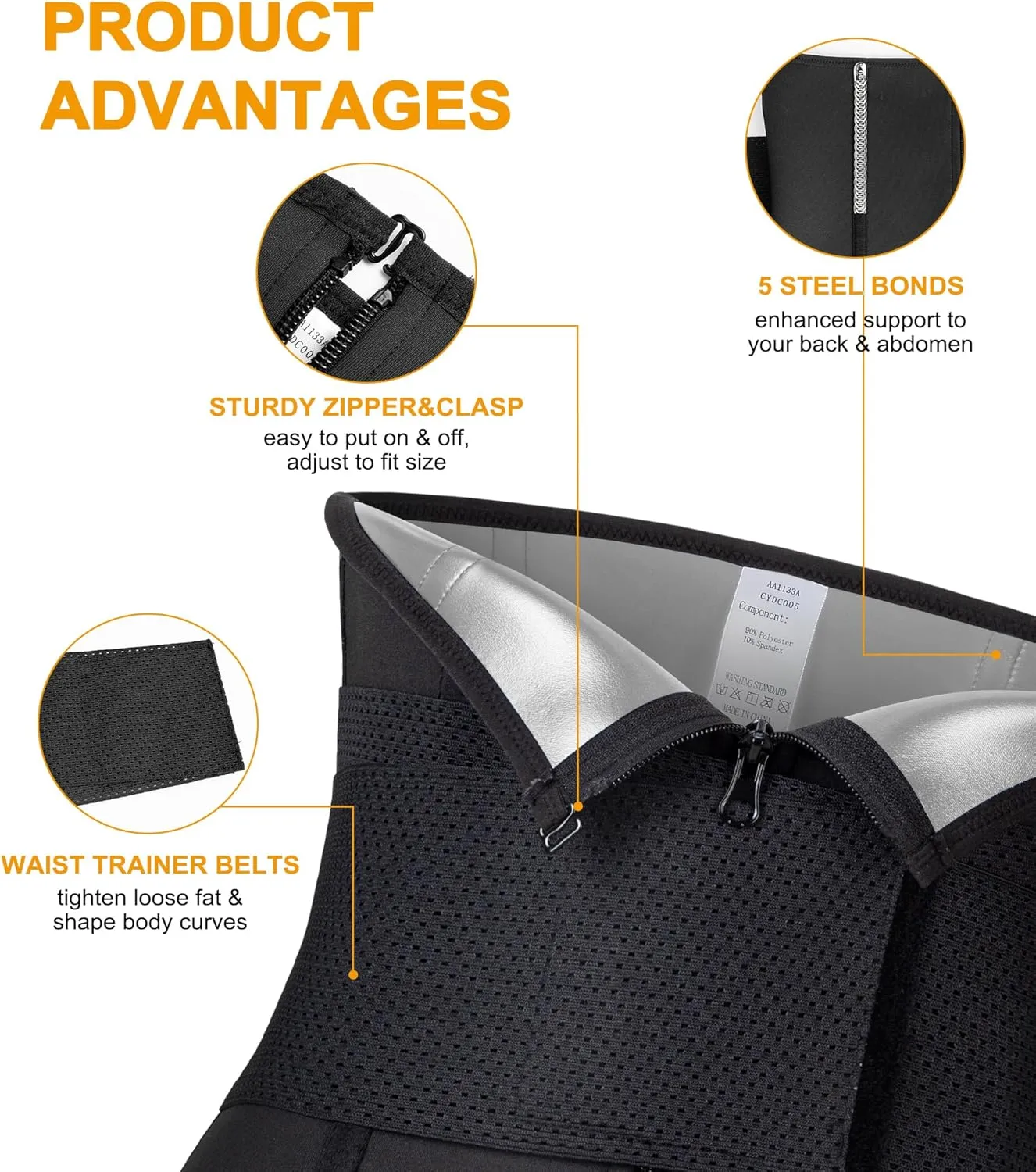 SCARBORO Waist Trainer for Women Belly Fat Sauna Sweat Waist Trimmer Corset for Stomach Wrap Workout Belt Shaper Band Zipper