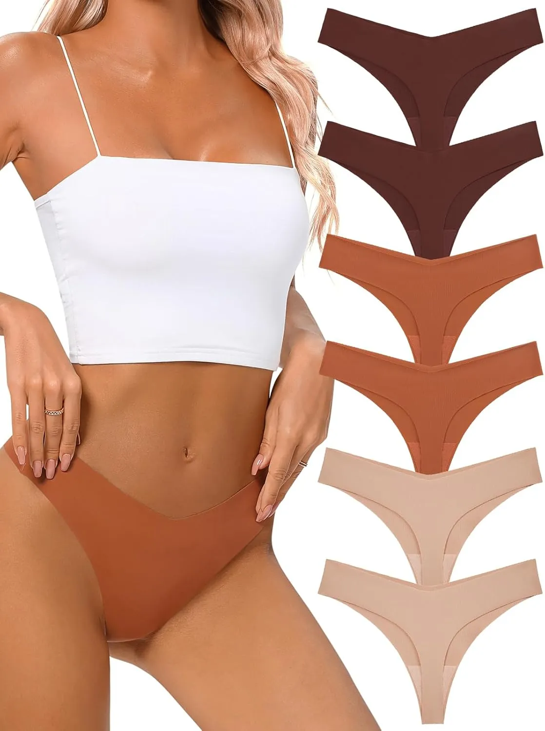Seamless Thongs for Women No Show Thong V-waisted Stretch Breathable Sexy Panties Underwear 6 Pack