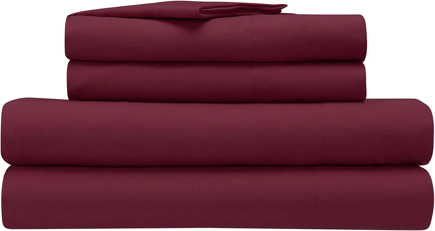 Serta Simply Clean Super Soft Hypoallergenic Stain Resistant Deep Pocket 4 Pieces Solid Bed Sheet Set, Queen, Burgundy