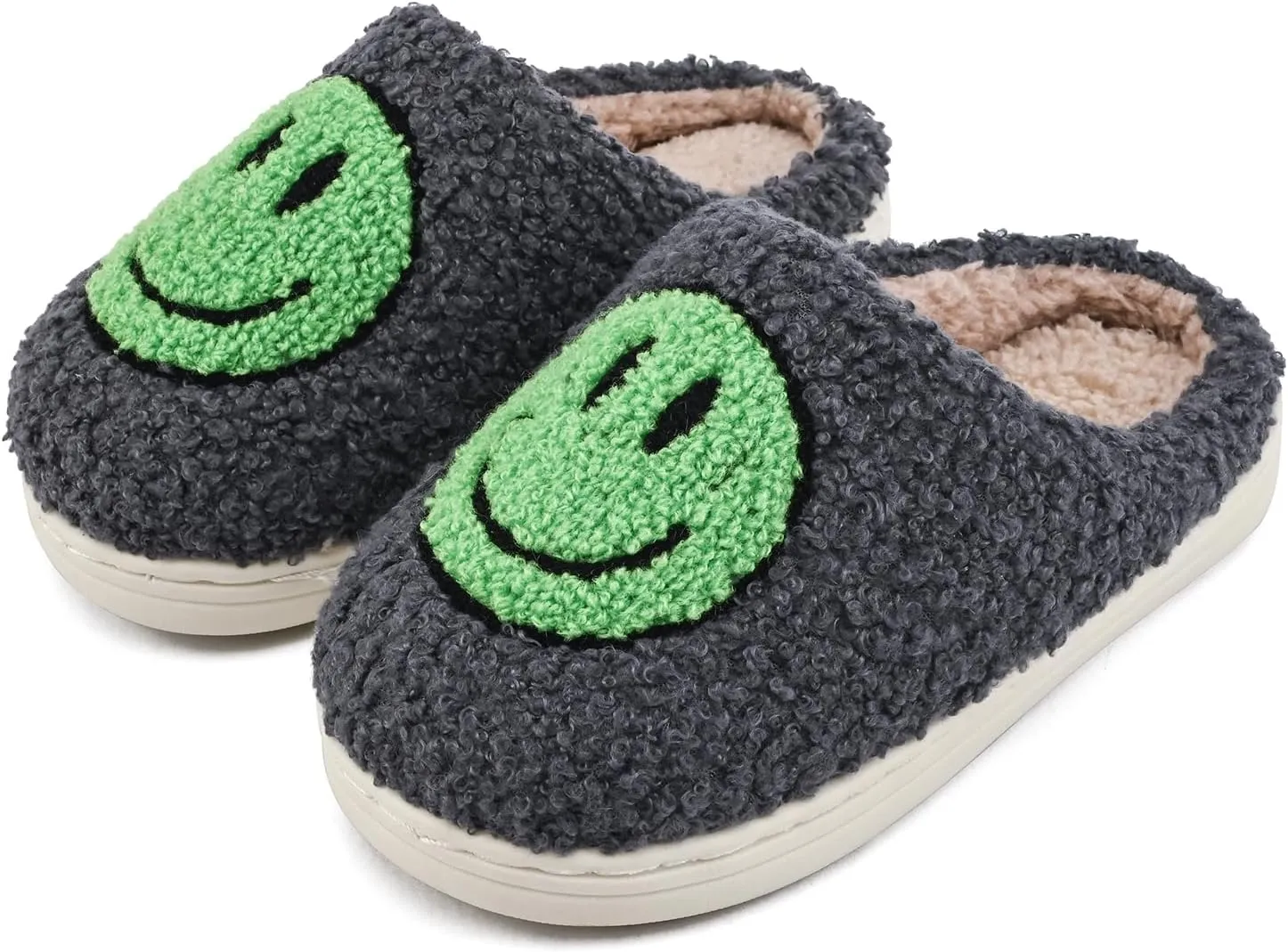 Sharllen Kids Happy Face Fuzzy Cozy Non-Slip Toddler Girls Boys Slide Slippers Plush Cute Warm Soft Socks Shoes for Little Big Kids Winter Indoor Outdoor