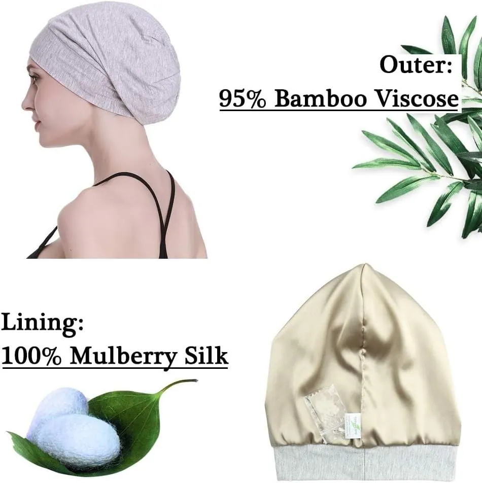 Silk Satin Lined Sleep Cap,Inner 19MM 100% Mulberry Silk Outer Viscose Nature Breathable for Hair