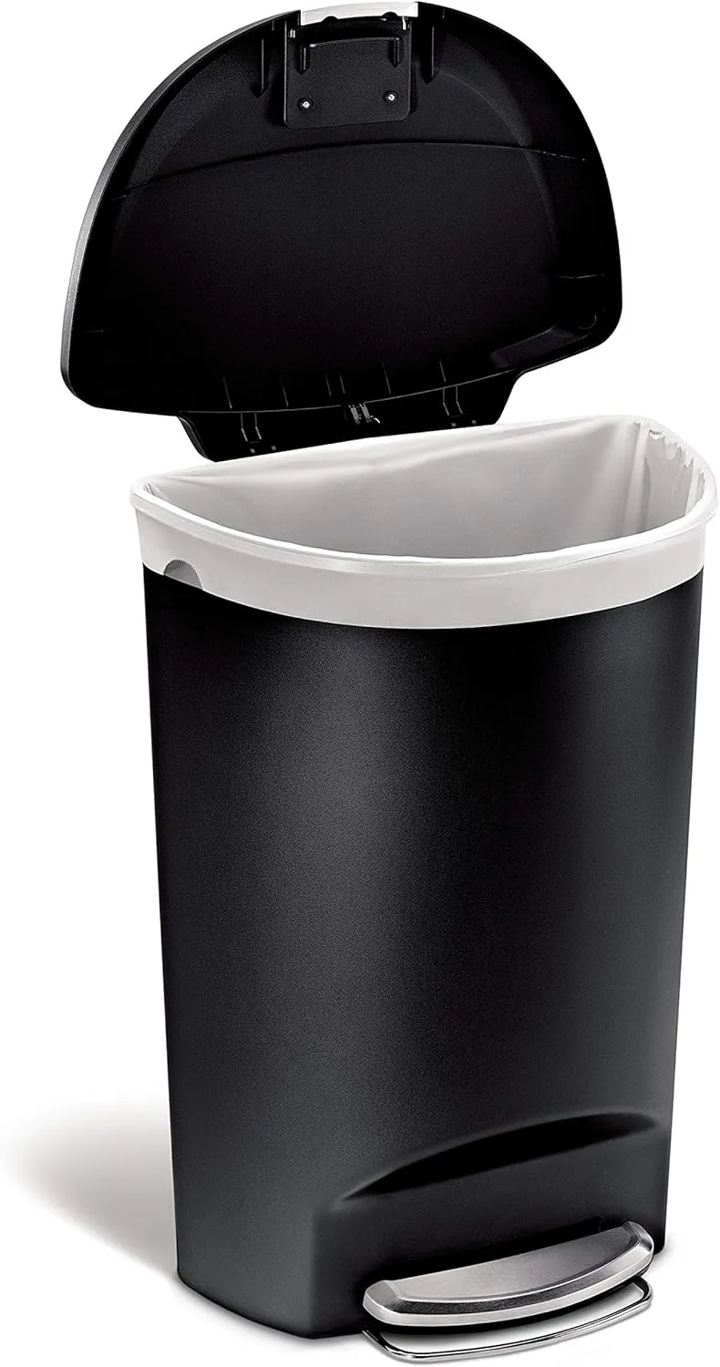 simplehuman 50 Liter / 13 Gallon Semi-Round Kitchen Step Trash Can with Secure Slide Lock, Black Plastic