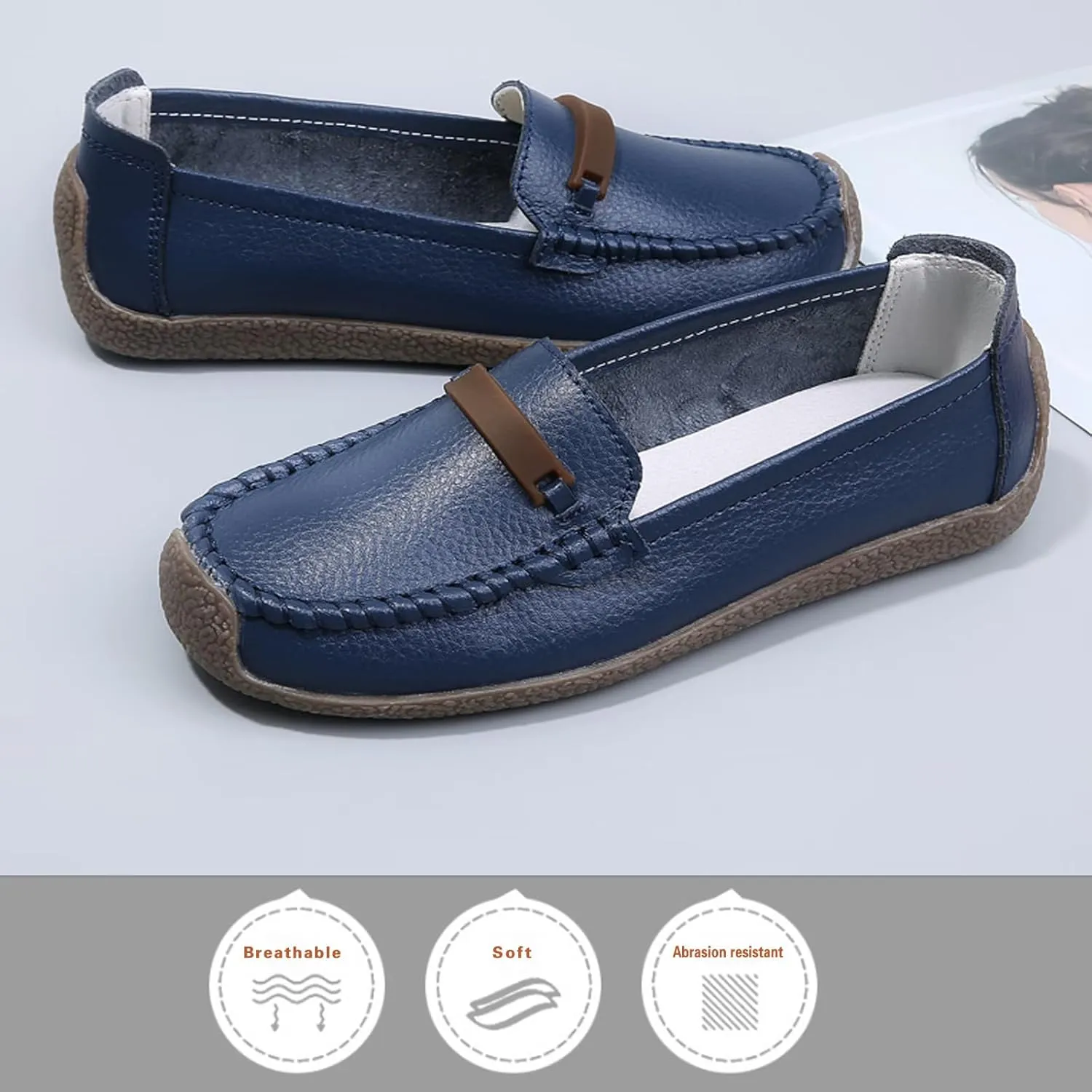 Solaud Women's Leather Loafers Comfort Soft Wild Driving Anti-Collision Penny Moccasins Nurses Work Daily Walking Flats Casual Shoes