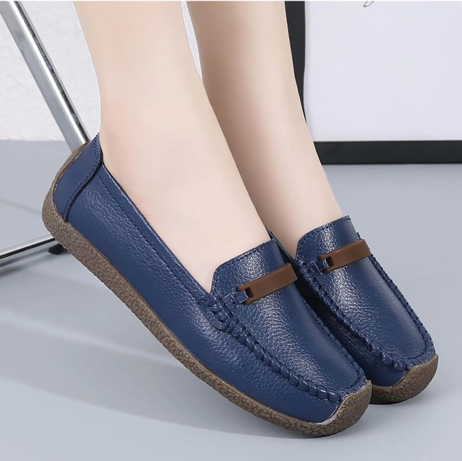 Solaud Women's Leather Loafers Comfort Soft Wild Driving Anti-Collision Penny Moccasins Nurses Work Daily Walking Flats Casual Shoes