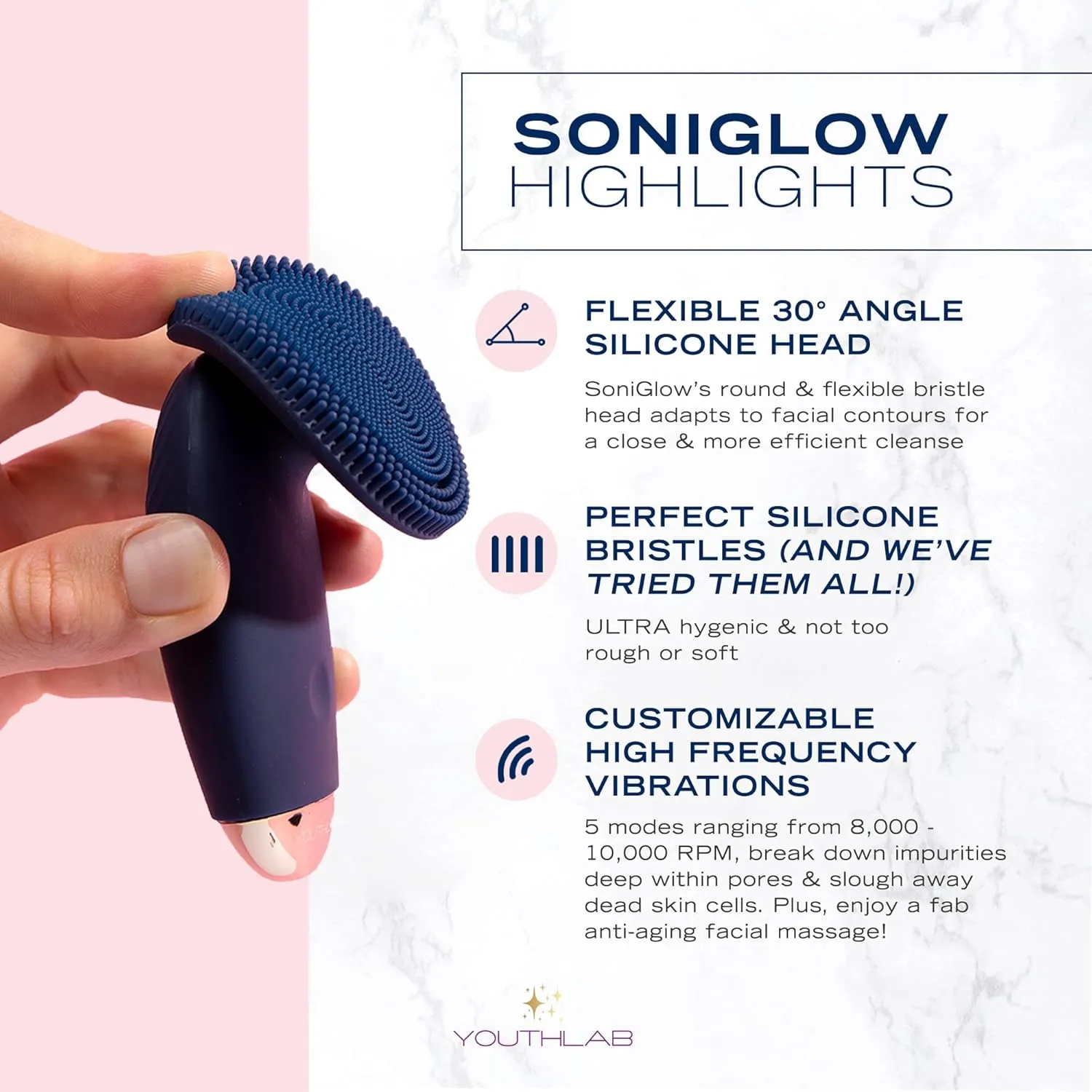SoniGlow Silicone Facial Skin Cleansing Brush, Electric, Vibrating, Scrubber, Hygienic, Exfoliation, Massage, Firm, Tone, Blackheads, Pores, Waterproof, Rechargeable, Makeup Removal