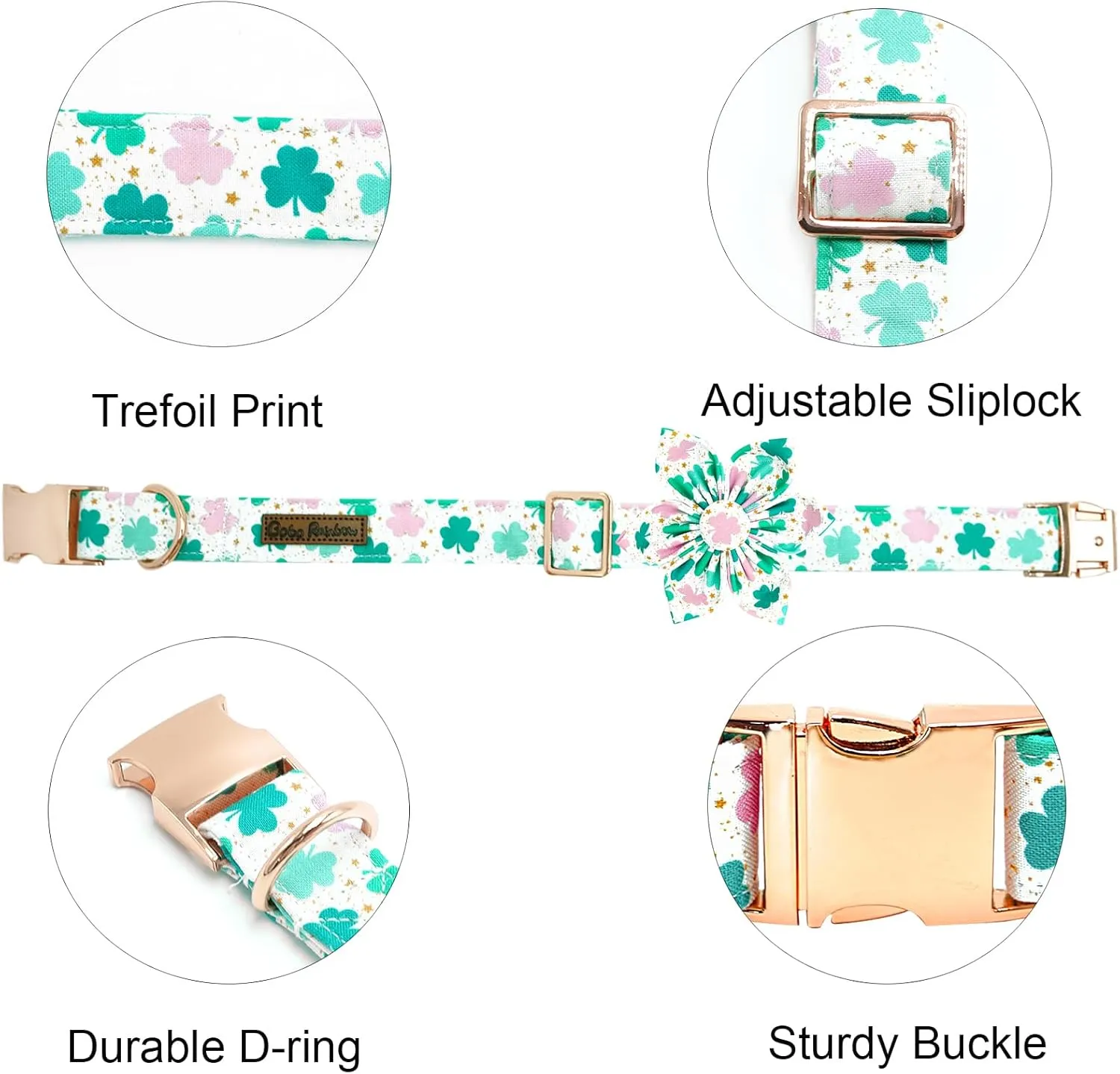 St Patrick's Dog Collar with Flower-Trefoil Dog Collar Adjustable Cute Pet Collar Cotton Clovers Dog Collar Dog Collar Holiday Puppy Collar Metal Buckle Collar Gift for Small Dogs