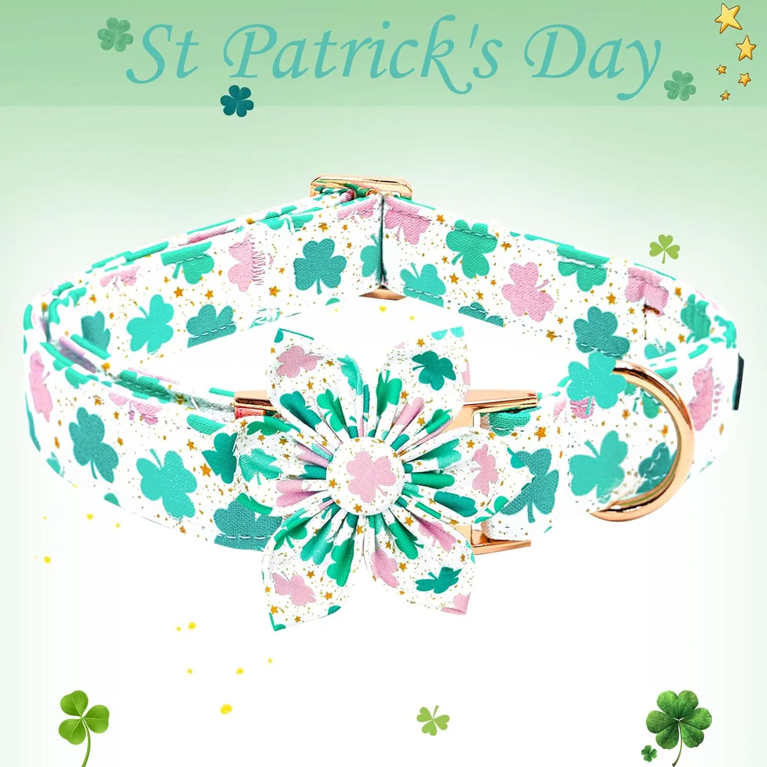 St Patrick's Dog Collar with Flower-Trefoil Dog Collar Adjustable Cute Pet Collar Cotton Clovers Dog Collar Dog Collar Holiday Puppy Collar Metal Buckle Collar Gift for Small Dogs
