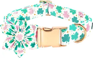 St Patrick's Dog Collar with Flower-Trefoil Dog Collar Adjustable Cute Pet Collar Cotton Clovers Dog Collar Dog Collar Holiday Puppy Collar Metal Buckle Collar Gift for Small Dogs