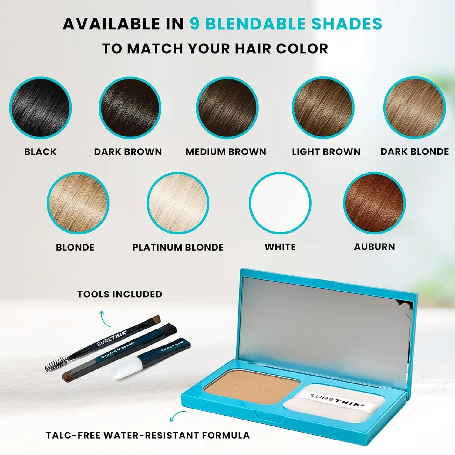 SURETHIK 4-in-1 Premium Hairline Powder Kit - Conceal Thinning Hair, Root Touch-Up, Highlight Refresher & Eyebrow Enhancer for Men and Women (Light Brown)