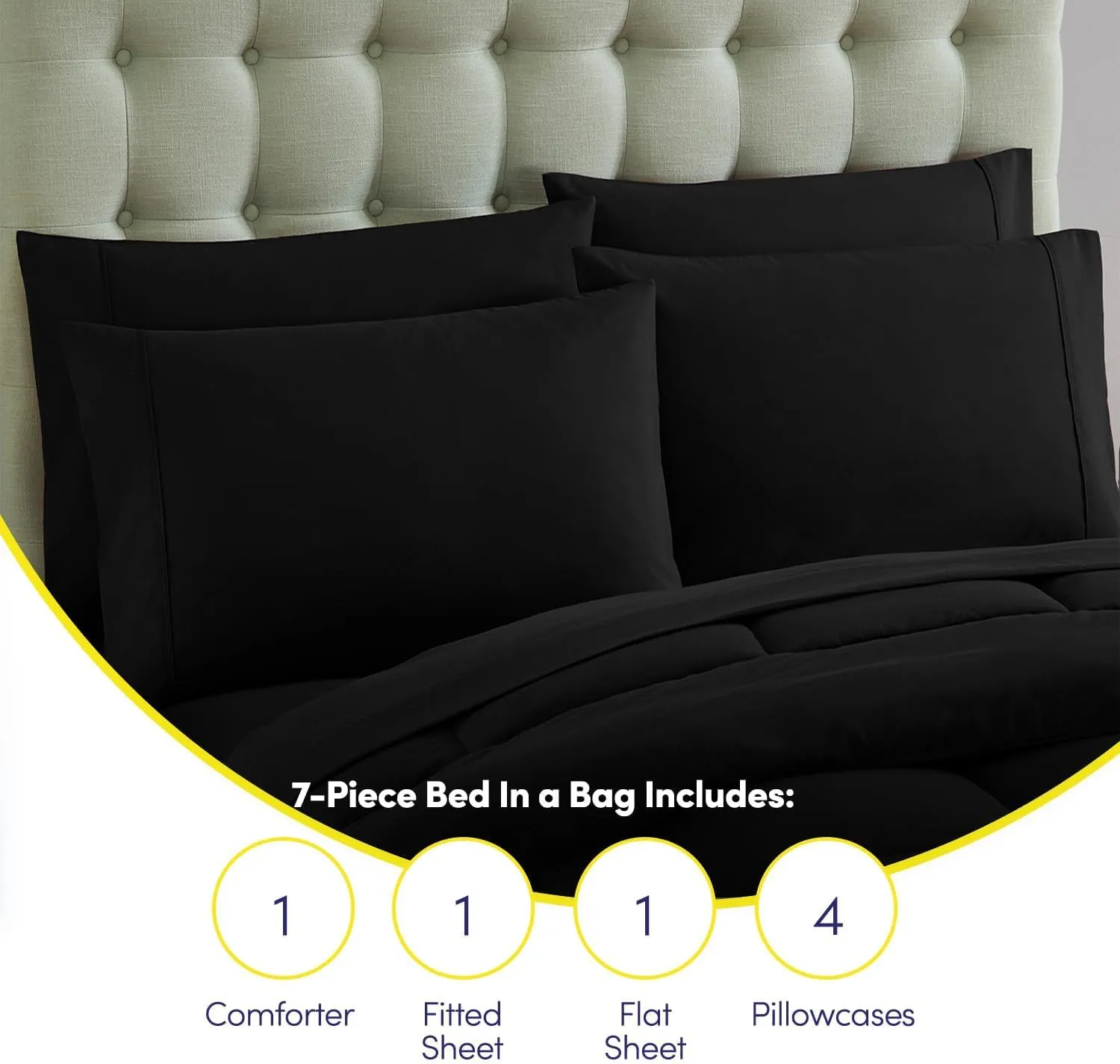 Sweet Home Collection 7 Piece Comforter Set Bag Solid Color All Season Soft Down Alternative Blanket & Luxurious Microfiber Bed Sheets, Black, Queen
