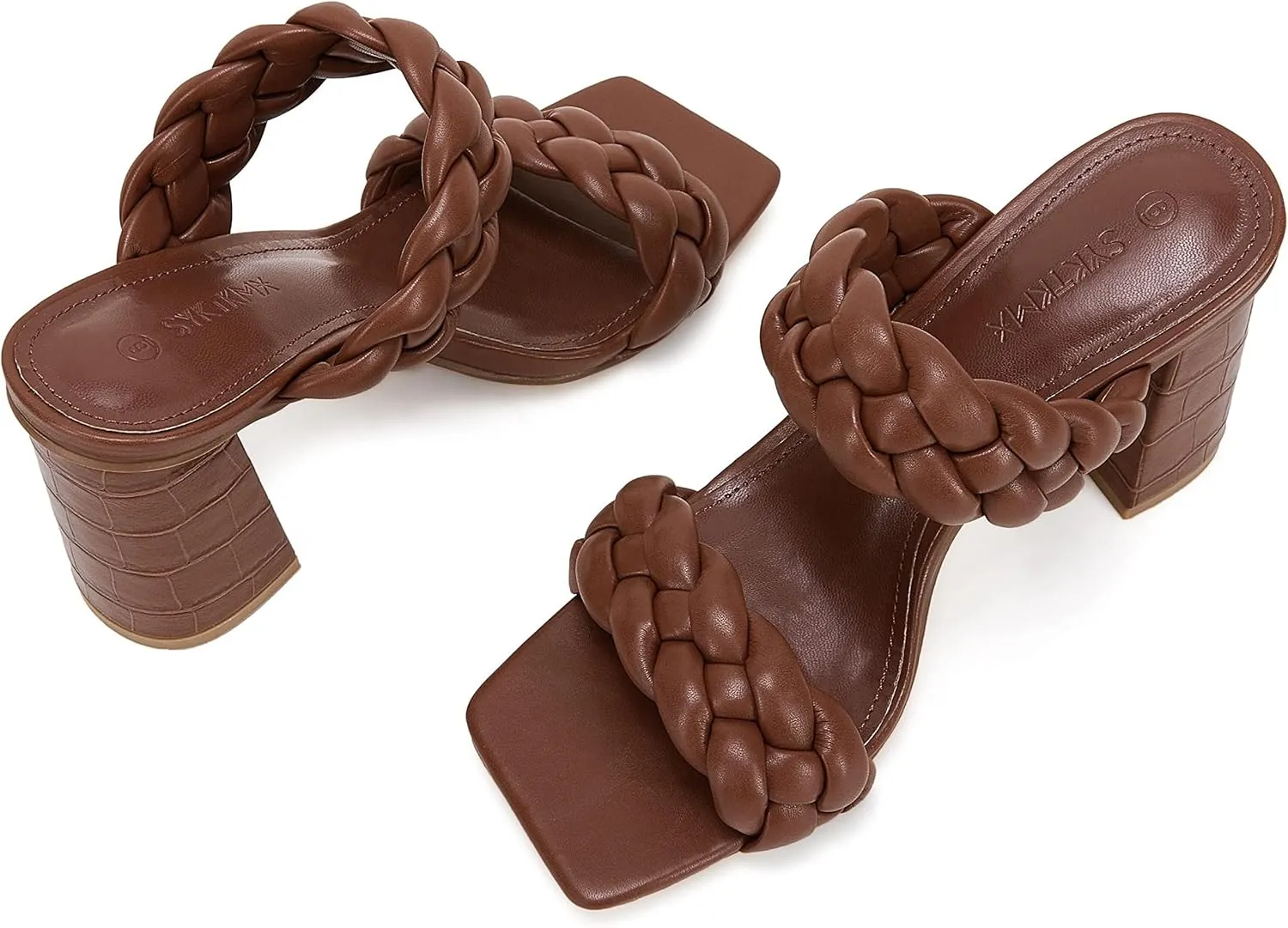 Syktkmx Women's Braided Heeled Sandals Backless Square Open Toe Block Slide Sandals