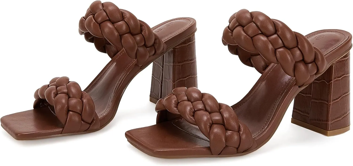 Syktkmx Women's Braided Heeled Sandals Backless Square Open Toe Block Slide Sandals